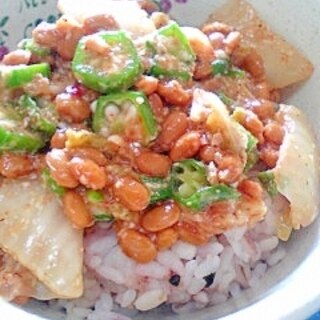 納豆の食べ方-キムチ＆オクラ♪